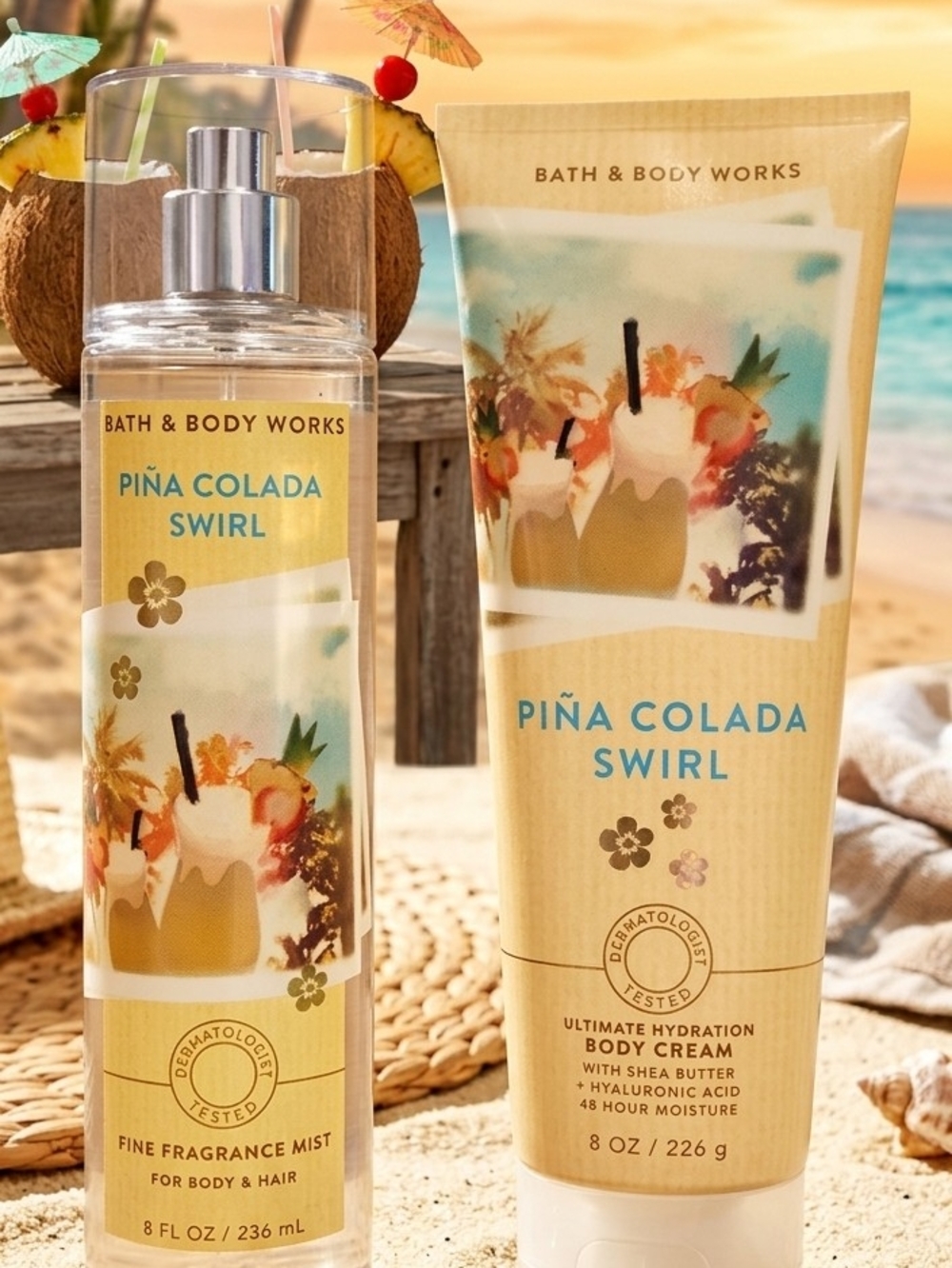 Bath & Body Works Piña Colada Swirl Body Cream & Mist - Cream, Blue, Yellow